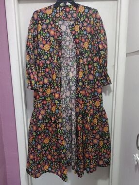 Bohemian Flower Power Floral Print Open Front Women’s Duster Jacket Black Multi